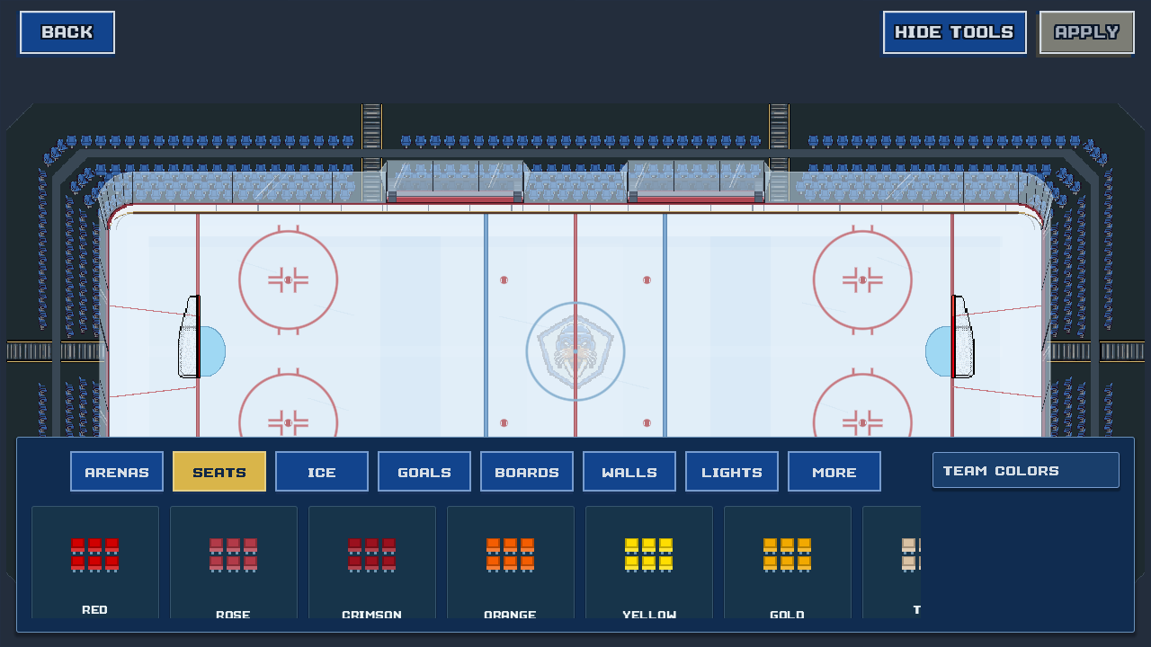 Vancouver’s home arena in the PixelPuck editor, with a live rink preview and controls for customizing the seating colors.