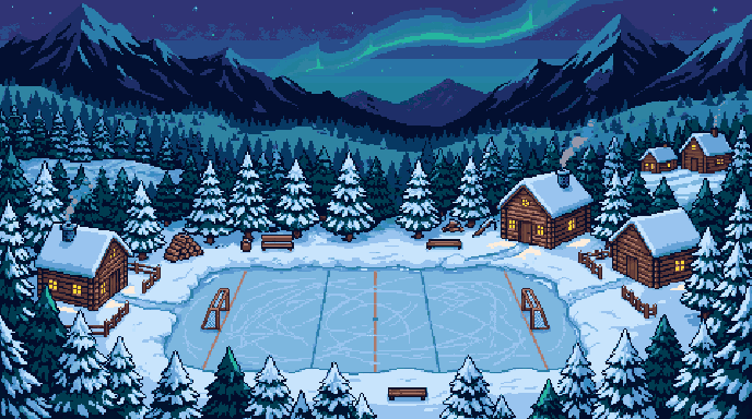 A pixel-art hockey pond among snowy pine trees and cabins at dusk.
