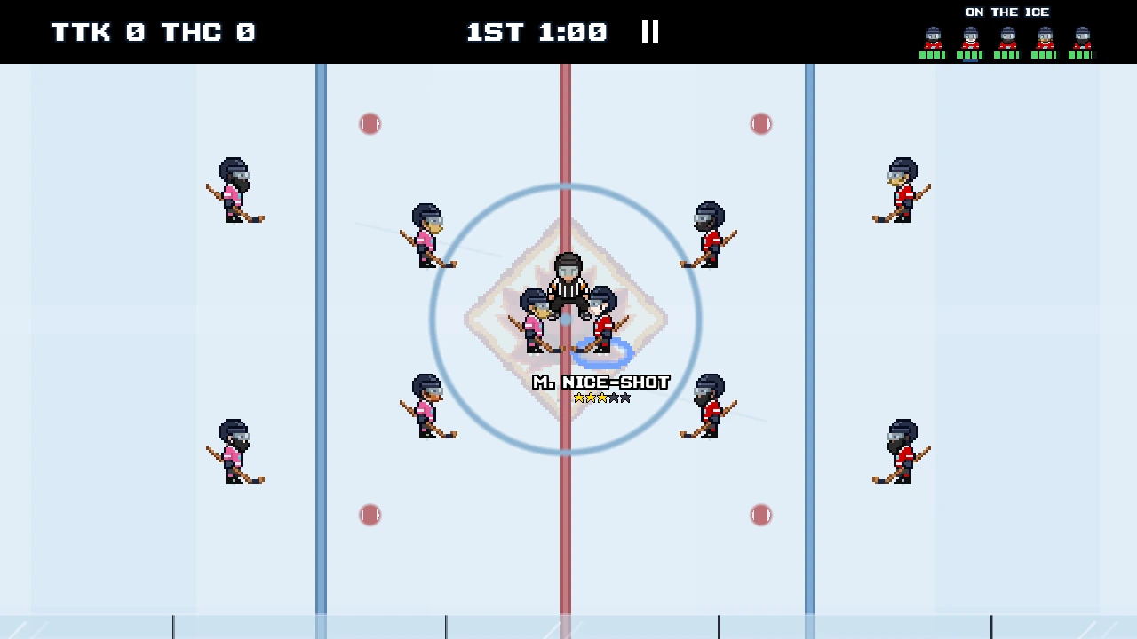 Two PixelPuck teams line up for a faceoff, with five skaters and a goalie on each side.